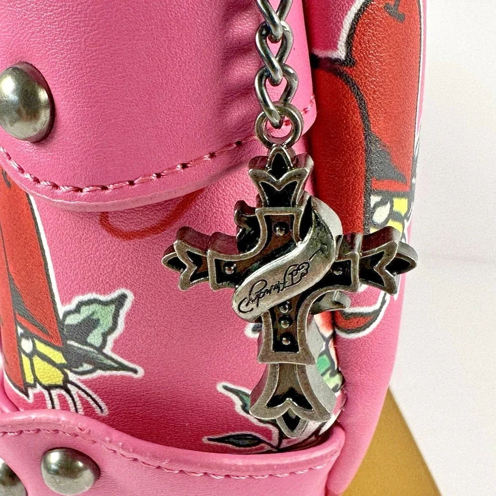Ed Hardy Pink Tattoo Print Studded Hobo Shoulder Bag Skull Y2K Punk